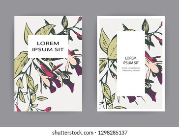 Botanical wedding invitation card template design, hand drawn fuchsia flowers and leaves, pastel color vintage rural with square frame on white background, minimalist vintage style vector illustration