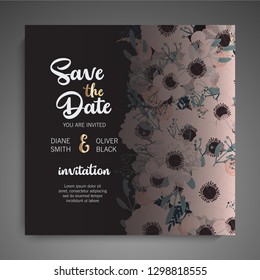 Botanical wedding invitation card template design on dark background, vintage style