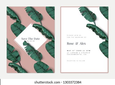 Botanical wedding invitation card template design, green banana leaves on pink, retro style