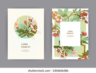Botanical wedding invitation card template design, hand drawn sakura flowers and leaves branch, pastel color vintage rural with circle and rectangle frame on green gold background, retro style vector 