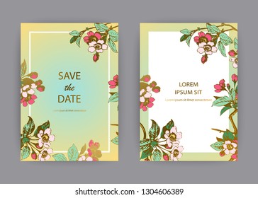 Botanical wedding invitation card template design, hand drawn sakura flowers and leaves on branches, pastel colors vintage rural green gold white background, retro style vector illustration