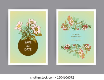 Botanical wedding invitation card template design, hand drawn sakura flowers and leaves on branches, pastel color vintage rural with circle gold frame green background, retro style vector illustration