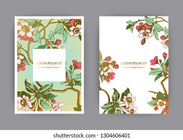 Botanical wedding invitation card template design, hand drawn sakura flowers and leaves branches, pastel color vintage rural with square frame on green gold background, retro style vector illustration