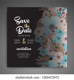 Botanical wedding invitation card template design on dark background, vintage style