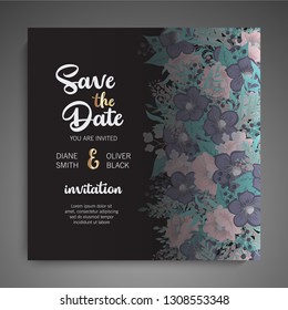Botanical wedding invitation card template design on dark background, vintage style