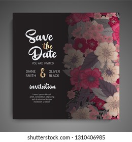 Botanical wedding invitation card template design on dark background, vintage style