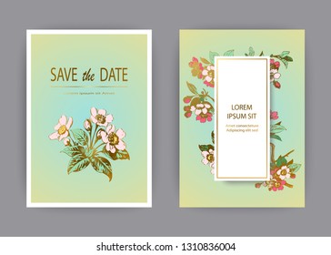 Botanical wedding invitation card template design, hand drawn sakura flowers and leaves on branches, vintage rural cherry blossom on green gold background, retro style pastel color vector illustration