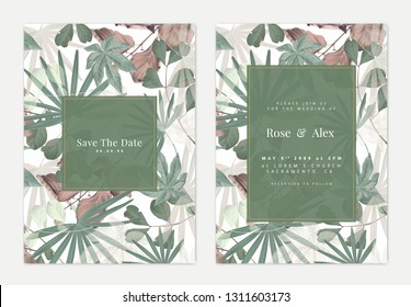 Botanical wedding invitation card template design, brown and white tropical leaves pattern on white with green square frame