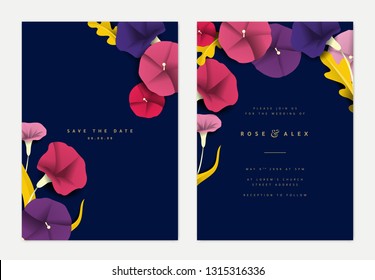 Botanical wedding invitation card template design, colorful morning glory flowers and leaves paper art on dark blue