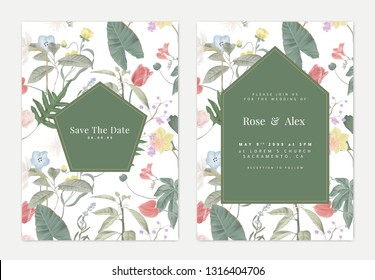 Botanical wedding invitation card template design, various flowers and leaves pattern on white with green pentagon frame