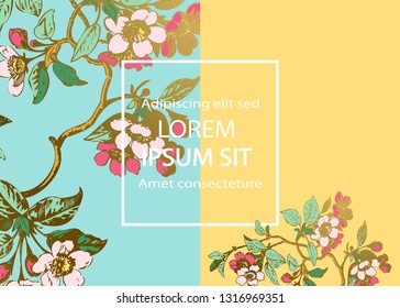 Botanical wedding invitation card template design, sakura flowers and leaves on branches, vintage rural cherry blossom on blue yellow background, retro style pastel color vector illustration