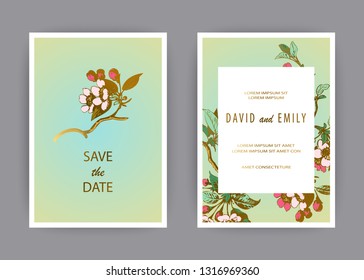 Botanical wedding invitation card template design, hand drawn sakura flowers and leaves on branches, vintage rural cherry blossom on green gold background, retro style pastel color vector illustration