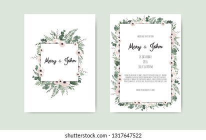 Botanical wedding invitation card template design, white and pink flowers on white background.