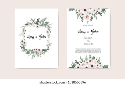 Botanical wedding invitation card template design, white and pink flowers on white background.