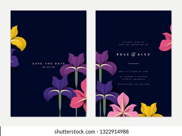 Botanical wedding invitation card template design, colorful iris flowers paper art on dark blue