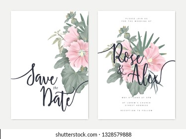 Botanical wedding invitation card template design, pink Alcea or hollyhocks flowers and leaves on white