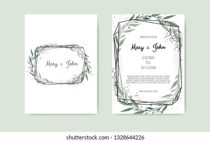 Botanical wedding invitation card template design, white and pink flowers on white background.