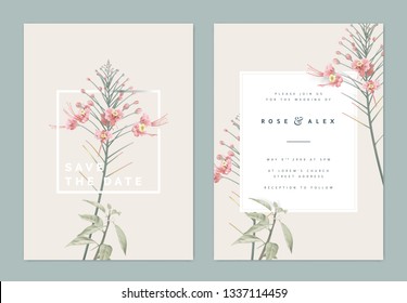 Botanical wedding invitation card template design, pink peacock flowers with white frame on light brown, vintage pastel theme