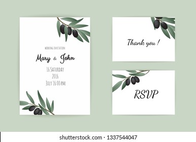 Botanical wedding invitation card template design with Olive branch.