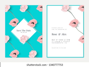 Botanical wedding invitation card template design, pink tulip and poppy flowers on blue, retro style