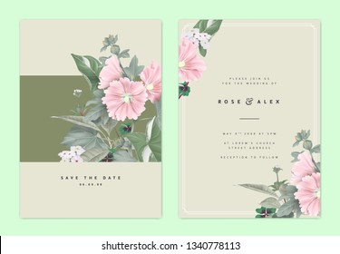 Botanical wedding invitation card template design, pink Alcea or hollyhocks flowers and leaves on light brown, natural organic theme