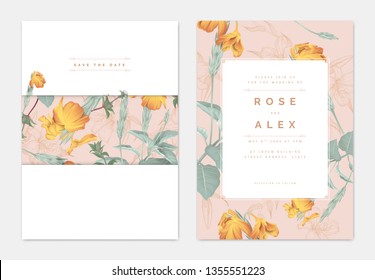 Botanical wedding invitation card template design, yellow crossandra flowers pattern, pastel vintage theme