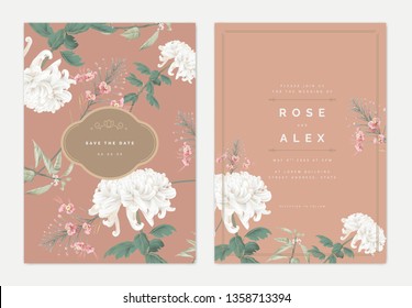 Botanical wedding invitation card template design, white Chrysanthemum morifolium, peacock flowers with leaves on brown, pastel vintage theme