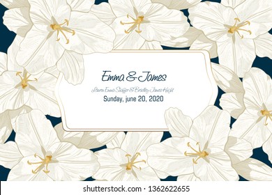 Botanical wedding invitation card template design, white line lily flowers with frame on dark blue background, vintage style.