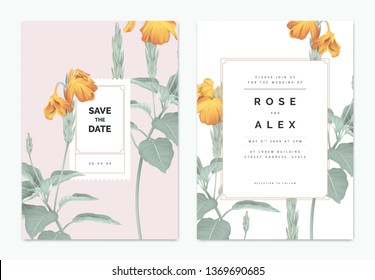 Botanical wedding invitation card template design, yellow crossandra flowers with leaves on light red, pastel vintage theme