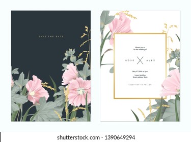 Botanical wedding invitation card template design, pink Alcea or hollyhocks flowers and golden grass flowers on dark grey and white