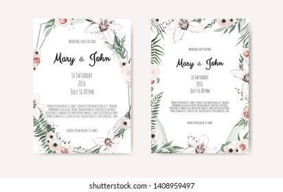 Botanical wedding invitation card template design, white and pink flowers on white background.