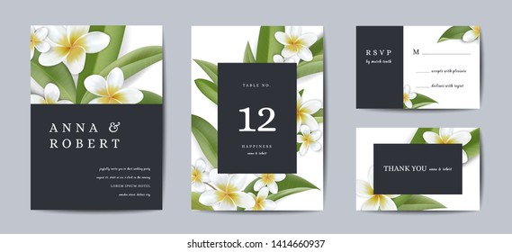 Botanical wedding invitation card Template Design, Tropical Plumeria Flowers and Leaves in modern style, Collection of Save the date, RSVP, greeting in vector