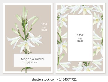 Botanical wedding invitation card, template design with white lilies on a beige background. Stock vector illustration.