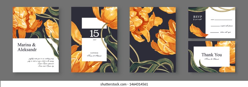 Botanical wedding invitation card. Template design with yellow tulips flowers and leaves. Modern, realistic style, hand drawn illustration. Collection of Save the Date and RSVP in vector EPS format. 