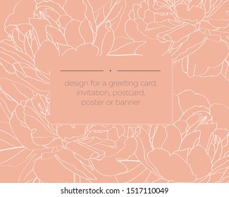 Botanical Wedding Invitation Card Template Design, Peony Flowers Line Art Ink Drawing On Orange Background. Pion Flower.