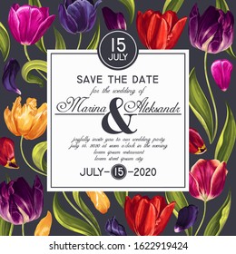 Botanical wedding invitation card. Template design with varicoloured tulips flowers leaves and petals. Modern, realistic style, hand drawn floral elements for Save the Date card template. Vector EPS 