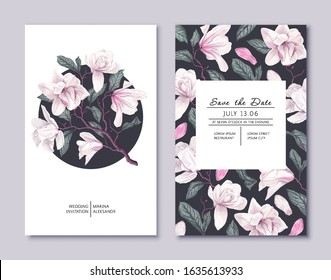 Botanical wedding invitation card. Template design with white magnolia flowers. Spring flowers, branches, petals and leaves. Vector, realistic style, high detail. Collection of Save the Date and RSVP 