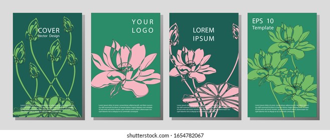 Botanical wedding invitation card template design, lotus flowers and leaves on light background, minimalist vintage style. Wellness brochure template - for relaxation, healthcare, medical topics.