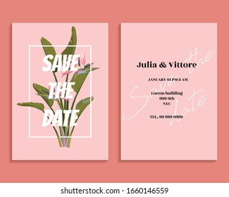 Botanical wedding invitation card template design, green strelitzia leaves and flowers plant on light pink background, minimalist frame or birthday invitation.
