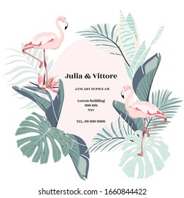 Botanical wedding invitation card template design, green leaves and flamingo bird on light background, minimalist frame or birthday invitation.