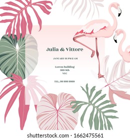 Botanical wedding invitation card template design, green pink leaves and flamingo bird on light background, minimalist frame or birthday invitation.