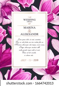 Botanical wedding invitation card. Template design with pink magnolia flowers and petals. Highly detailed vector spring flowers. It Can be used as banner for seasonal discounts, post on social network