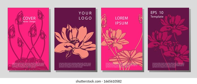 Botanical wedding invitation card template design, lotus flowers and leaves on light  background, minimalist vintage style. Wellness brochure template - for relaxation, healthcare, medical topics.