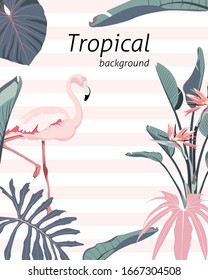 Botanical wedding invitation card template, banner design,  leaves and flamingo bird on light striped background, minimalist frame or birthday invitation.