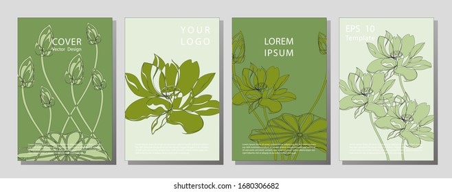 Botanical wedding invitation card template design, lotus flowers and leaves on light  background, minimalist vintage style. flowers lotus pattern, book background.