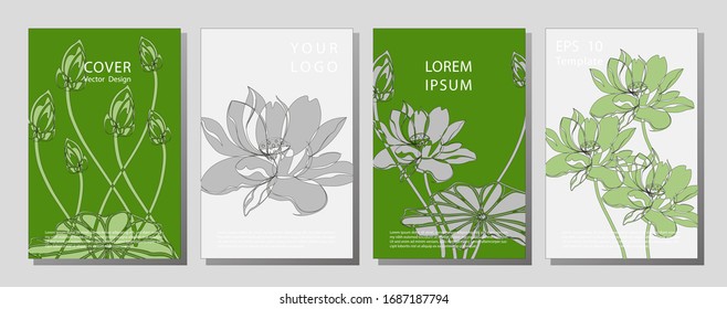 Botanical wedding invitation card template design, lotus flowers and leaves on light  background, minimalist vintage style. flowers lotus pattern, book background.