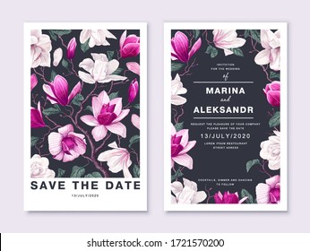 Botanical wedding invitation card. Template design with whiteand pink magnolia flowers. Spring flowers, branches, petals and leaves. Vector, realistic style, high detail. Save the Date and RSVP 