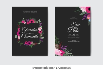 Botanical wedding invitation card template design, white and pink flowers on white background.