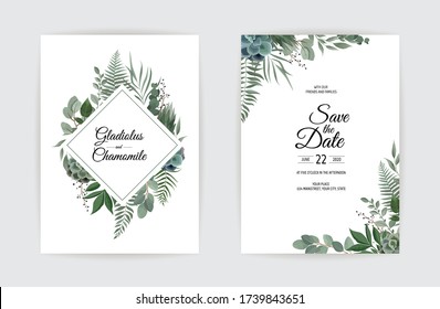 Botanical wedding invitation card template design, white and pink flowers on white background.