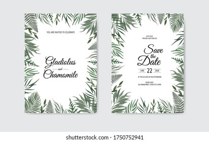 Botanical wedding invitation card template design, white and green leaves on white background.
